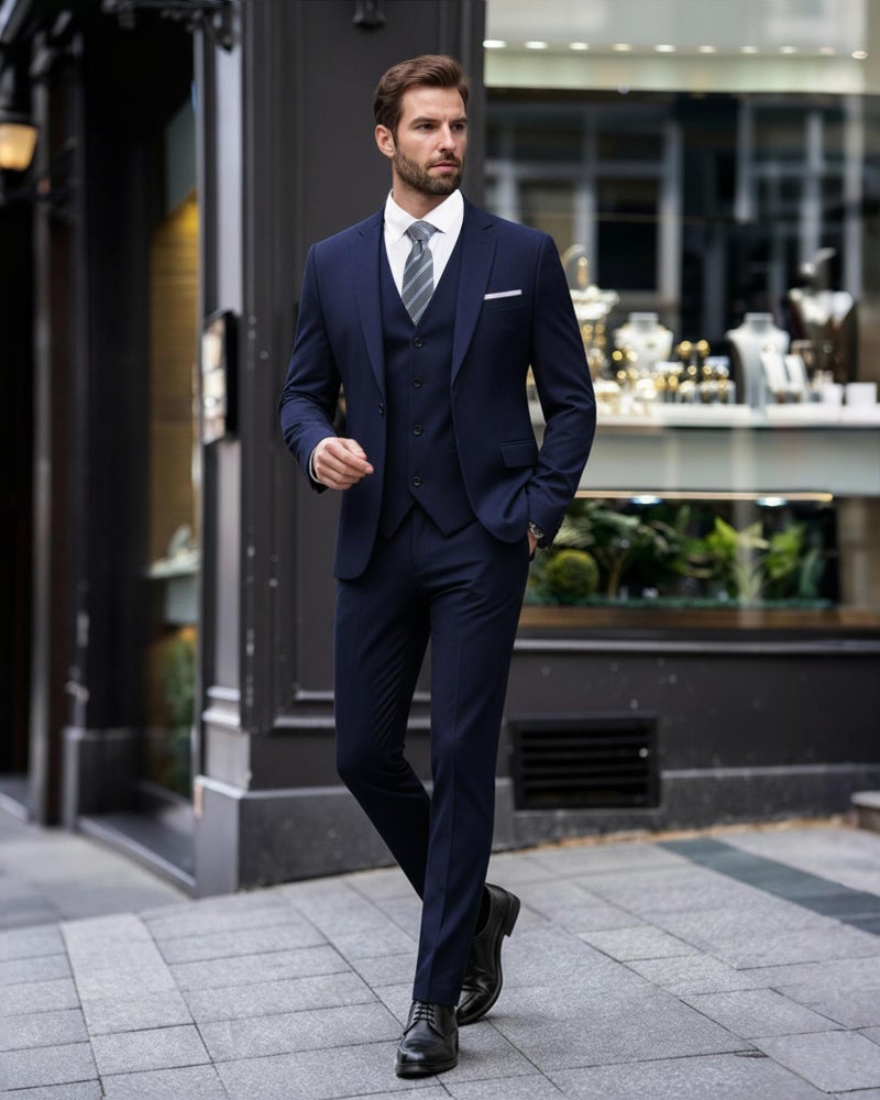 EastSide Men's Slim Fit 3 Pieces Suit, One Button Blazer Set, Jacket Vest & Pants Deep Blue, X-Small - Image 3