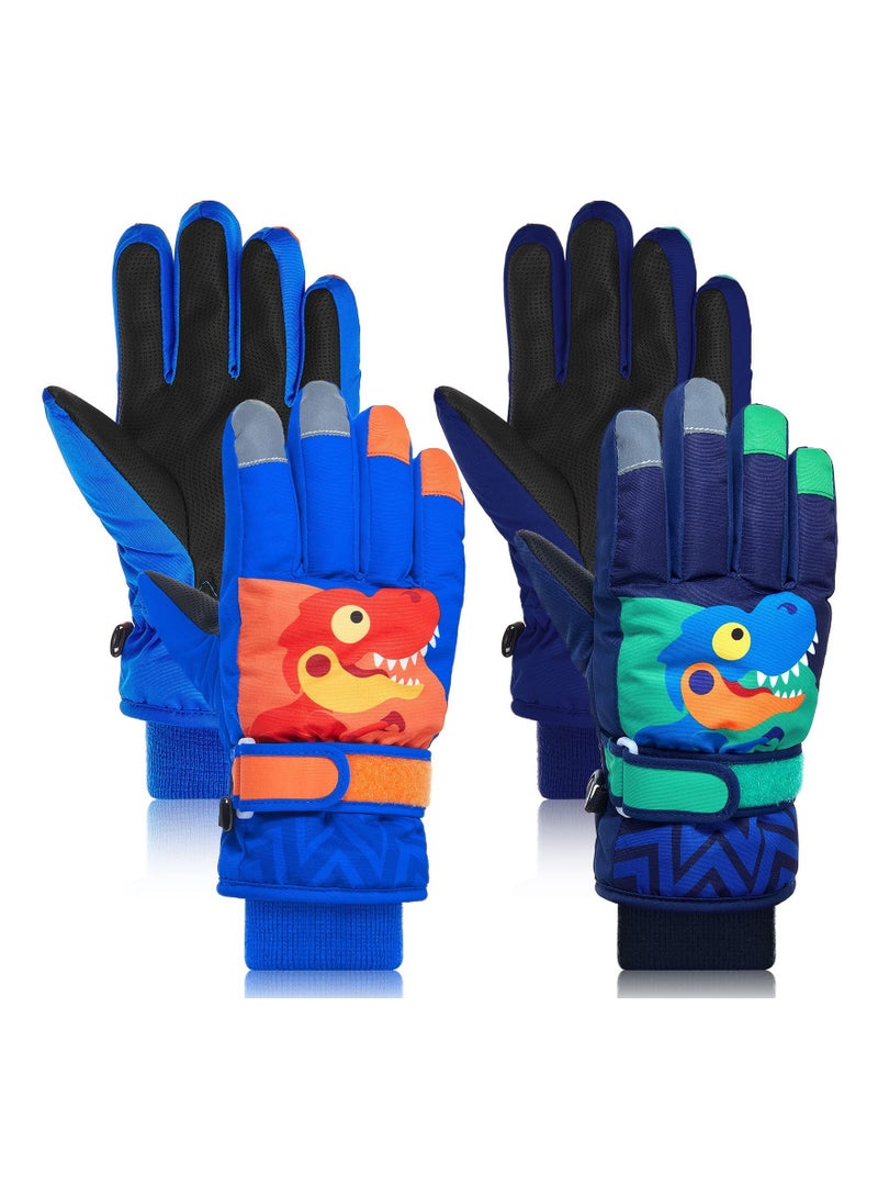Y&D 2 Pairs Boys Ski Gloves Dinosaur Gloves, Kids Winter Warm Windproof Waterproof Outdoor Sport Mitten for Aged 5 to10, Skiing Making Snowman Cycling Activities  - Image 1