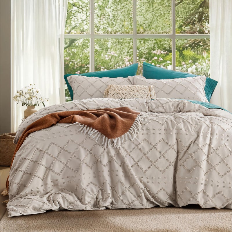 Bedsure Bedsure Boho Twin Duvet Cover  Boho Bedding Tufted Duvet Cover Twin for All Seasons 2 Pieces Embroidery Shabby Chic Home BeddingComforter Not Included Beige 68 x 90 