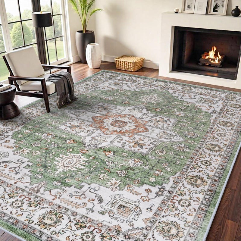 RUUGME Living Room 8x10 Area Rug - Soft Washable Area Rugs Stain Resistant Carpet Vintage Lightweight Rugs for Bedroom with Non Slip Backing Indoor Ultra-Thin Rugs Home Decor 8x10 Sage - Image 1