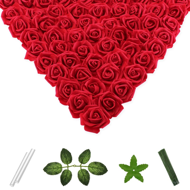 Vignor 100 Pcs 2 Inch Artificial Flowers Faux Foam Fake Rose Head Bulk for Home Decor Wedding Decoration Bridal Shower Wall Table Centerpiece Arrangement DIY Craft (Rose Cherry Red) - Image 1