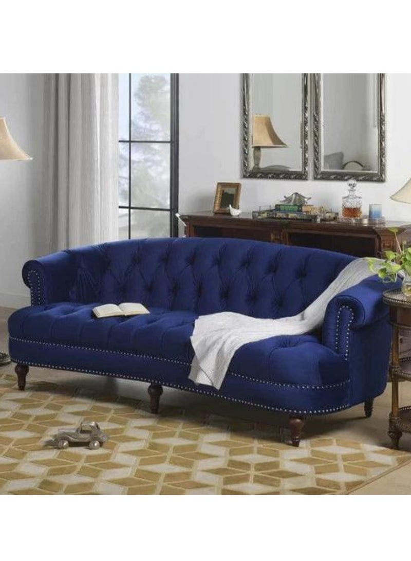 Wooden Twist Chesterfield Velvet 3-Seater Rolled Arm Sofa Walnut Legs ( Blue ) - Image 1