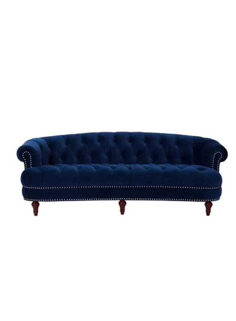 Wooden Twist Chesterfield Velvet 3-Seater Rolled Arm Sofa Walnut Legs ( Blue ) - Image 2