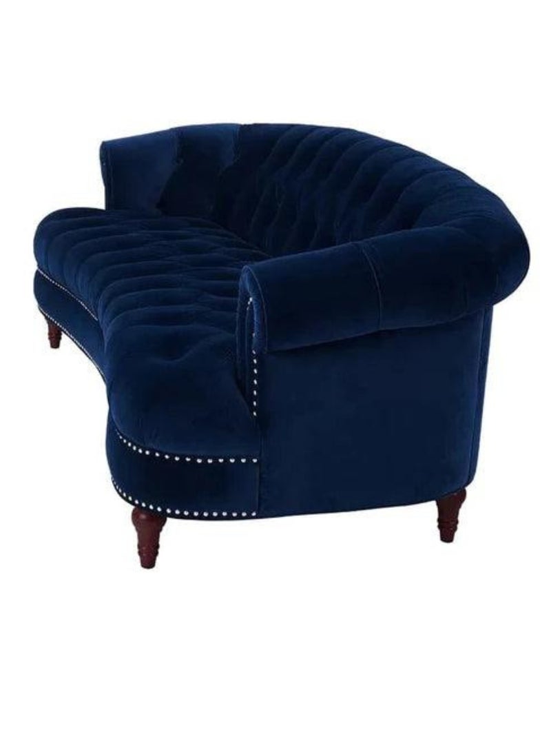 Wooden Twist Chesterfield Velvet 3-Seater Rolled Arm Sofa Walnut Legs ( Blue ) - Image 4