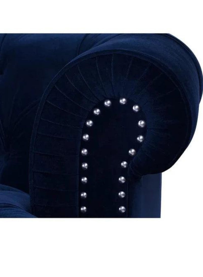 Wooden Twist Chesterfield Velvet 3-Seater Rolled Arm Sofa Walnut Legs ( Blue ) - Image 5