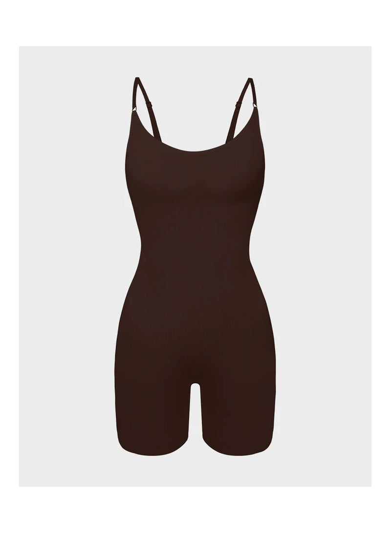 KHAJUL Women's Seamless Workout Shaping Bodysuit High Waist Gym Shorts Sports Bra Activewear Sets for Yoga Workout（Brown） - Image 4