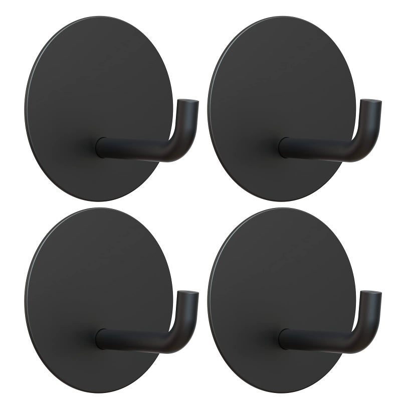 VISV Adhesive Hooks Small Metal Shower Wall Stick on Hooks Waterproof 2 Extra Adhesive Strips Round Black 4 Pcs