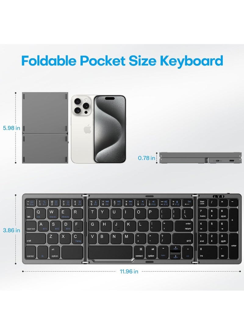 3-in-1 Foldable Bluetooth Keyboard with Number Pad | Rechargeable Wireless Keyboard Compatible with iPad, iPhone, Android, Windows, Mac, Laptop & Tablet