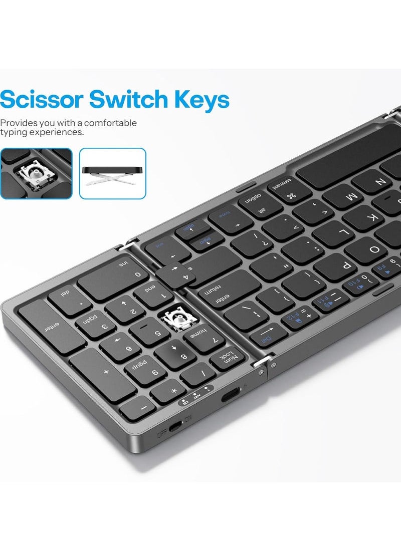 3-in-1 Foldable Bluetooth Keyboard with Number Pad | Rechargeable Wireless Keyboard Compatible with iPad, iPhone, Android, Windows, Mac, Laptop & Tablet