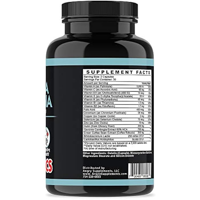 Angry Supplements مكملات أنغري غارسينيا كامبوجيا مع البروبيوتيك، متعدد الفيتامينات لصحة الأمعاء مع فيتامينات A، C، D، E، K، B2، زنك، سيلينيوم، نحاس، كروم + كبسولات مزيج الأعشاب (1-زجاجة، 60 حبة) - Image 4