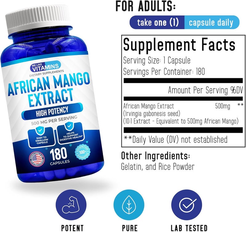 We Like Vitamins African Mango Extract 500mg  5000mg Equivalent 101180 Capsules  6 Month Supply of African Mango Capsules  Supports Metabolism of Fat and Digestive Health - Image 2