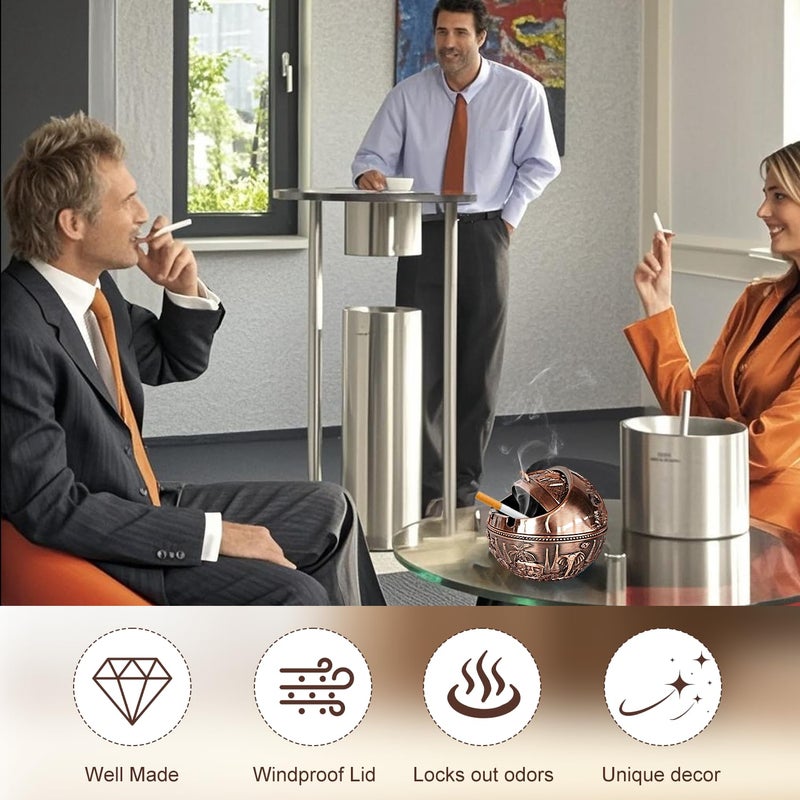 CoolShef منفضة سجائر مقاومة للرياح - منفضة معدنية عتيقة مع غطاء، منفضة بسعة كبيرة للاستخدام في المنزل والمكتب، ملحق أنيق للمدخنين للاستخدام الداخلي والخارجي - Image 3
