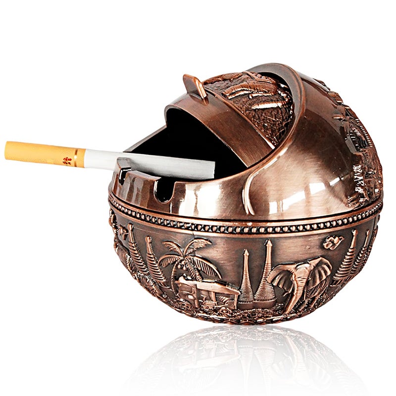 CoolShef منفضة سجائر مقاومة للرياح - منفضة معدنية عتيقة مع غطاء، منفضة بسعة كبيرة للاستخدام في المنزل والمكتب، ملحق أنيق للمدخنين للاستخدام الداخلي والخارجي - Image 1