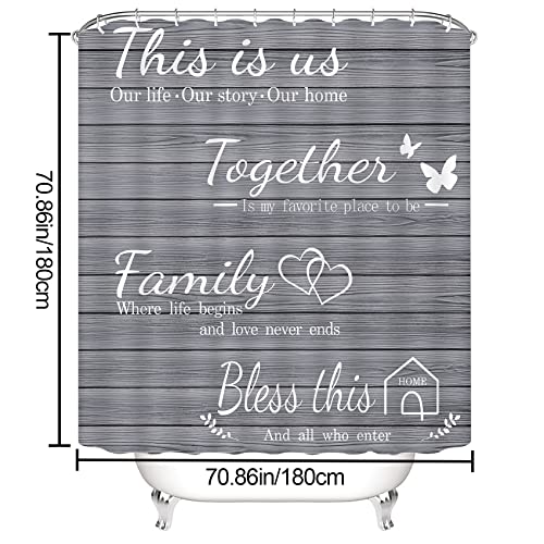 juwute 4Pcs Family Shower Curtain Sets with Non-Slip Rugs, Toilet Lid Cover and Bath Mat, Grey Home Bathroom Decor Set Accessories Waterproof Shower Curtains with 12 Hooks, 72 x 72 Inch - Image 3