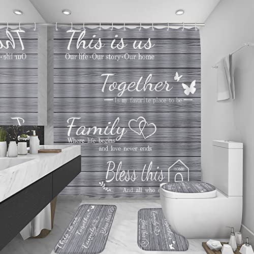 juwute 4Pcs Family Shower Curtain Sets with Non-Slip Rugs, Toilet Lid Cover and Bath Mat, Grey Home Bathroom Decor Set Accessories Waterproof Shower Curtains with 12 Hooks, 72 x 72 Inch - Image 1