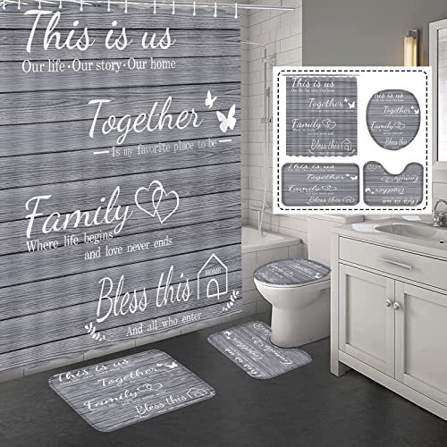 juwute 4Pcs Family Shower Curtain Sets with Non-Slip Rugs, Toilet Lid Cover and Bath Mat, Grey Home Bathroom Decor Set Accessories Waterproof Shower Curtains with 12 Hooks, 72 x 72 Inch - Image 2