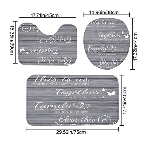 juwute 4Pcs Family Shower Curtain Sets with Non-Slip Rugs, Toilet Lid Cover and Bath Mat, Grey Home Bathroom Decor Set Accessories Waterproof Shower Curtains with 12 Hooks, 72 x 72 Inch - Image 4