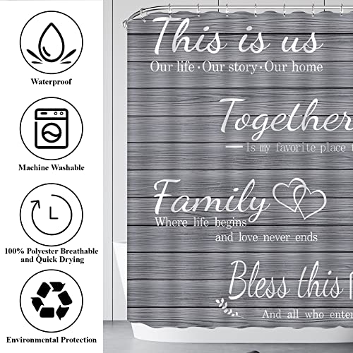 juwute 4Pcs Family Shower Curtain Sets with Non-Slip Rugs, Toilet Lid Cover and Bath Mat, Grey Home Bathroom Decor Set Accessories Waterproof Shower Curtains with 12 Hooks, 72 x 72 Inch - Image 5