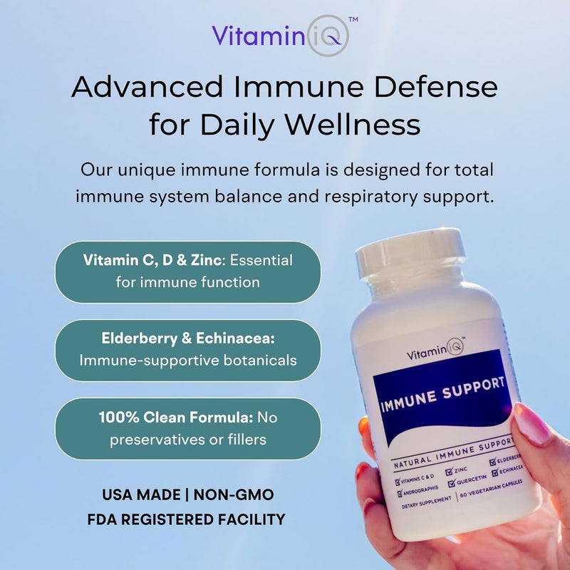 VitaminIQ Immune Support Supplement with Vitamin C and Zinc Sambucus Elderberry Vitamin D3 Glutathione Echinacea Capsules  Natural Immune Booster Herbal Supplements  Vegan GlutenFree 60ct - Image 2