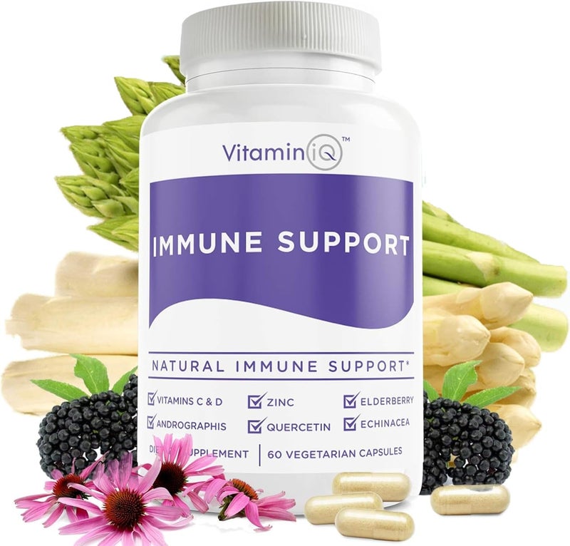 VitaminIQ Immune Support Supplement with Vitamin C and Zinc Sambucus Elderberry Vitamin D3 Glutathione Echinacea Capsules  Natural Immune Booster Herbal Supplements  Vegan GlutenFree 60ct - Image 1