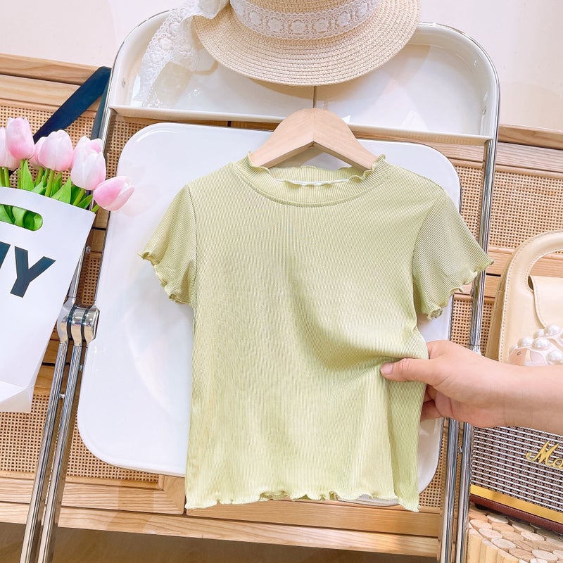 Ice Silk Girls' T-Shirt Short-Sleeved Summer Korean Style Western Style Children'S Summer Lace Half-Sleeved T-Shirt Top - Image 1