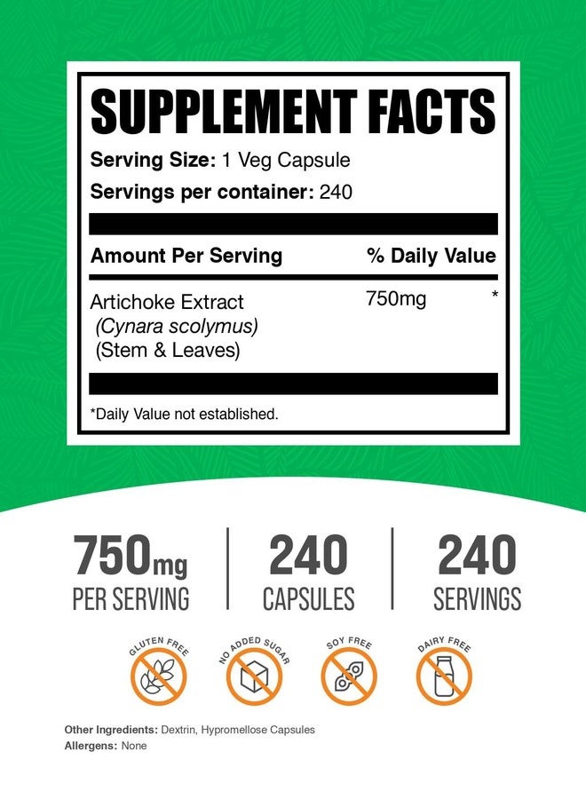 بالك سابلمنتس كبسولات مستخلص الخرشوف من BulkSupplements.com - مستخلص الخرشوف لدعم صحة الكبد، مكمل عشبي - نباتي وخالٍ من الغلوتين، كبسولة واحدة لكل جرعة (750 ملغ)، 240 كبسولة نباتية (عبوة واحدة) - Image 2