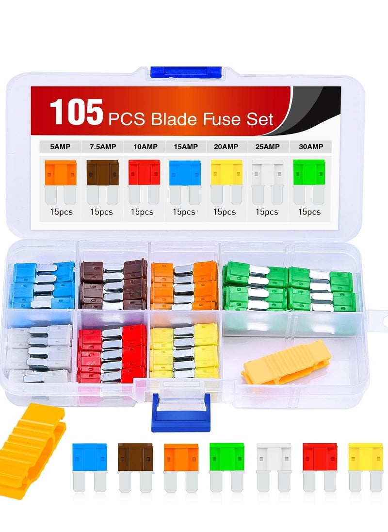 KASTWAVE - Automotive Replacement Fuses, 105PCS Micro2 Fuse ATR APT Car Blade Fuses Assortment Kit 5A 7.5A 10A 15A 20A 25A 30A Automotive Fuse with Fuse Puller for Cars Trucks SUVs RVs - Image 1