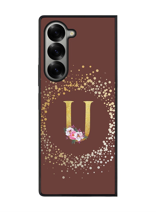 Stylizedd Rugged Black edge case for Samsung Galaxy Z Fold6, Slim fit Case Flexible Cover - Custom Monogram Initial Letter Floral Pattern Alphabet - U (Brown ) - Image 1
