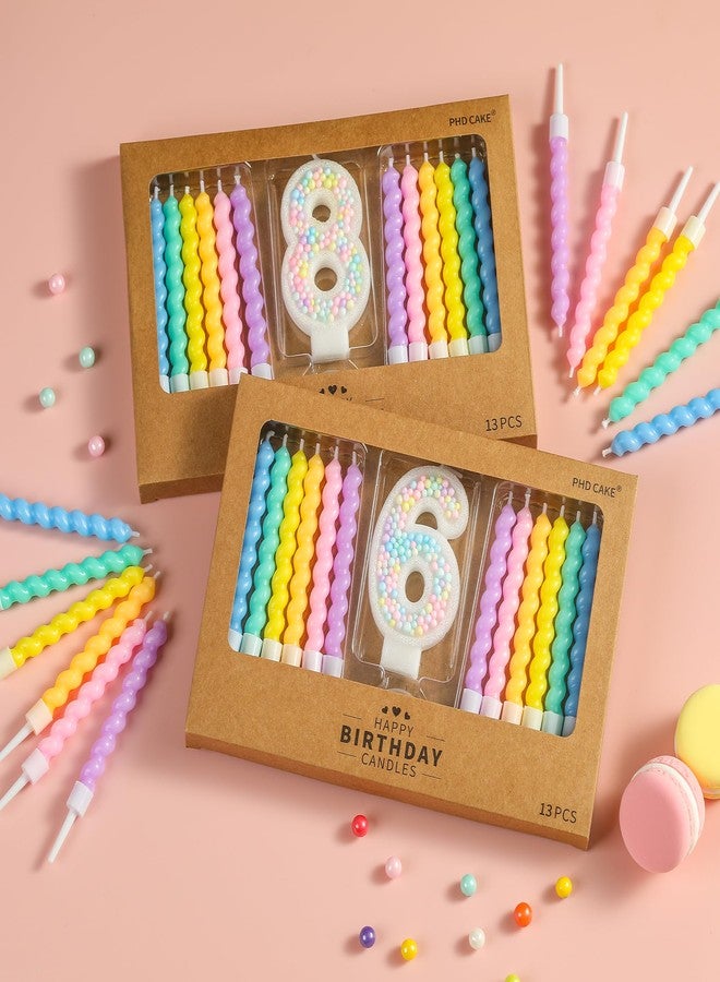 PHD CAKE Number 6 Birthday Candle Macaron Glitter Number Candle with Rainbow Spiral Candles in Holders for Cake Topper, Pastel Sweet Theme Party Decoration - Image 3