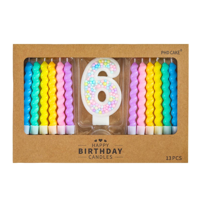 PHD CAKE Number 6 Birthday Candle Macaron Glitter Number Candle with Rainbow Spiral Candles in Holders for Cake Topper, Pastel Sweet Theme Party Decoration - Image 1