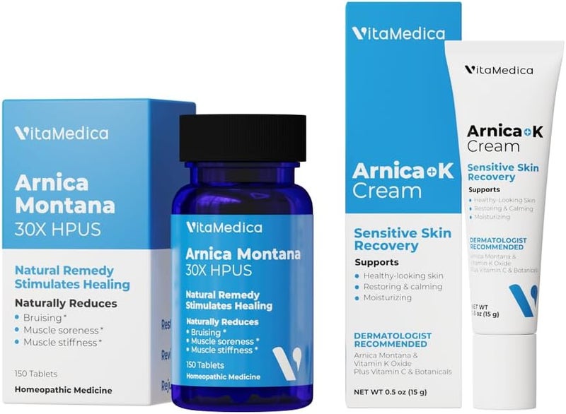 VitaMedica | Arnica Montana 30X & Arnica Cream Bundle | for Bruising, Swelling, Inflammation & Pain Relief | Vitamin K Topical Cream | Softens, Calms, Moisturizes, & Restores Bruised Skin | USA Made