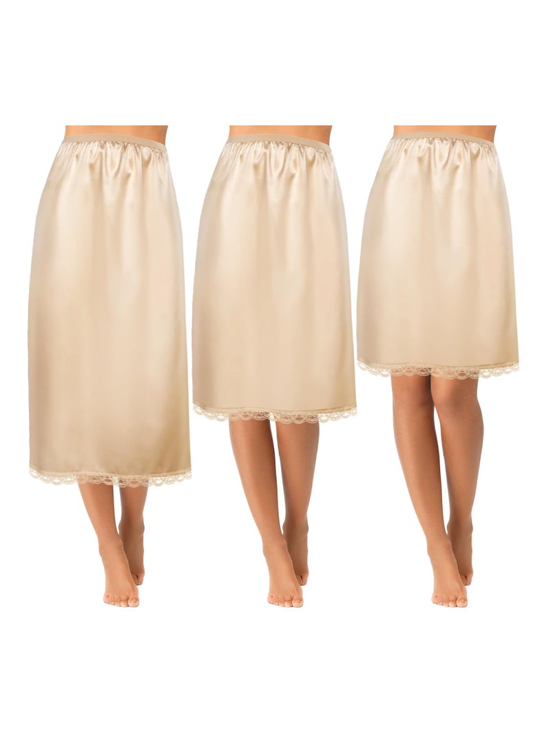 3 Pieces Women's Satin Half Slip for Under Dresses 3 Kinds of Length, Half Slips for Women Underskirt Short Long Skirt with Floral Lace Trim Lace Patchwork Lining Skirt (19/27/35Inch, champagne color) - Image 1