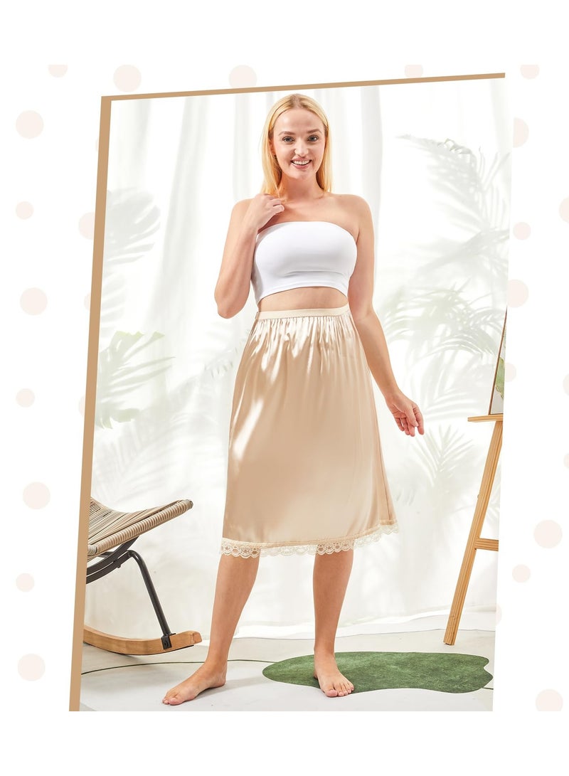 3 Pieces Women's Satin Half Slip for Under Dresses 3 Kinds of Length, Half Slips for Women Underskirt Short Long Skirt with Floral Lace Trim Lace Patchwork Lining Skirt (19/27/35Inch, champagne color) - Image 2