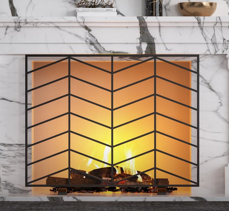 Fire Beauty Fire Beauty Single Panel Handcrafted Wrought Iron Mesh Chevron Fireplace Screen Fire Spark Guard for Living Room Bedroom DecorBlack 