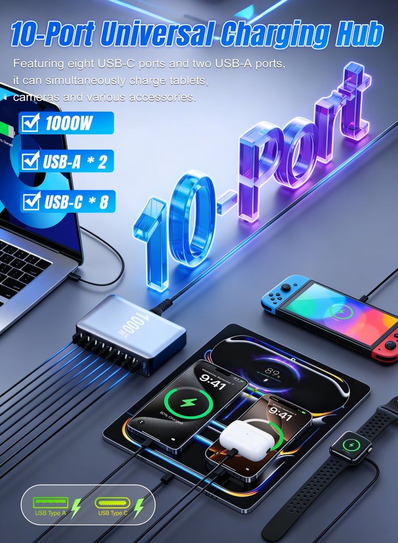 أنيوي كتلة شاحن سريع USB C بقدرة 1000 واط، محطة شحن سريعة GaN4، محطة شحن USB ذات 10 منافذ لأجهزة متعددة، شاحن حائط للكمبيوتر المحمول متوافق مع Dell وHP وMacBook Pro وiPhone17/16 pro وGalaxy S24 - Image 4