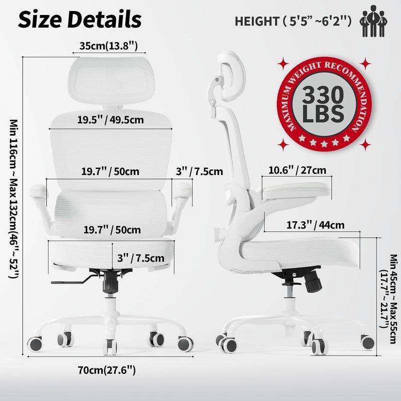 TRALT Ergonomic Office Chair - Desk Chair with Mesh PU Leather Gaming Chair - Computer Chair Comfy Adjustable Lumbar Support Executive Office Chair High Back Home Office Desk Chair for Adults(White) - Image 2