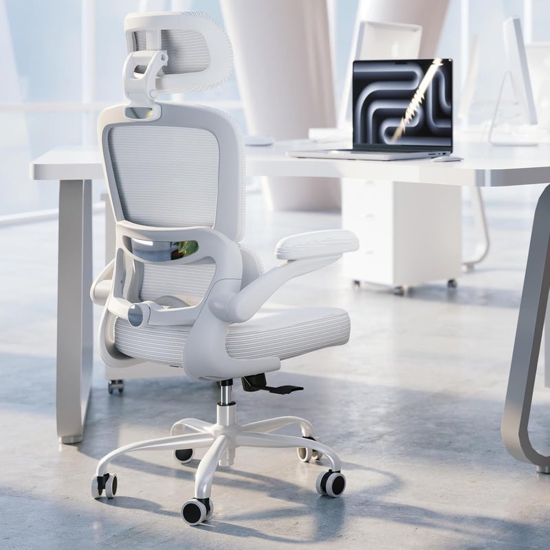 TRALT Ergonomic Office Chair - Desk Chair with Mesh PU Leather Gaming Chair - Computer Chair Comfy Adjustable Lumbar Support Executive Office Chair High Back Home Office Desk Chair for Adults(White) - Image 1