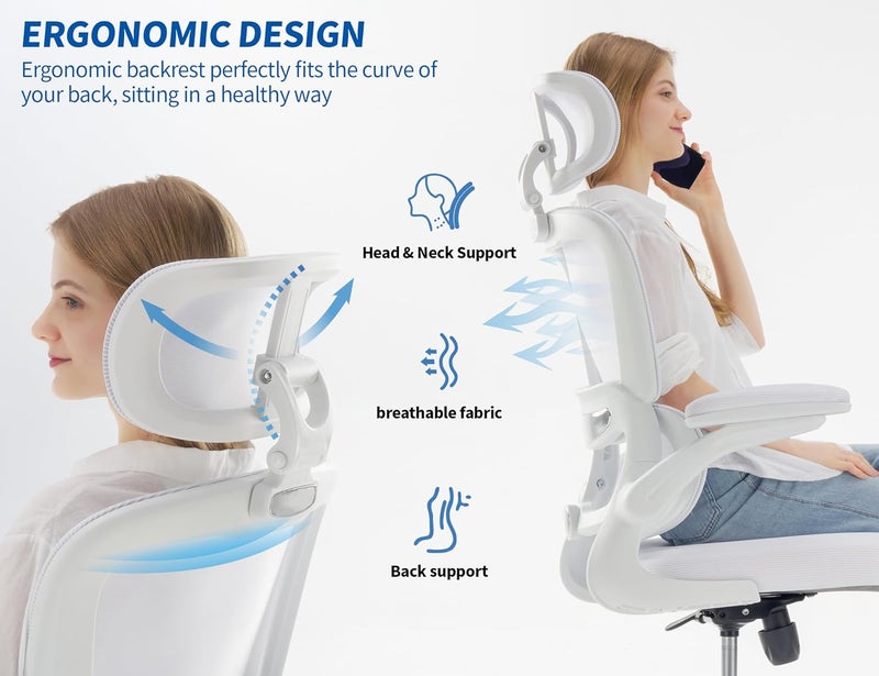 TRALT Ergonomic Office Chair - Desk Chair with Mesh PU Leather Gaming Chair - Computer Chair Comfy Adjustable Lumbar Support Executive Office Chair High Back Home Office Desk Chair for Adults(White) - Image 4