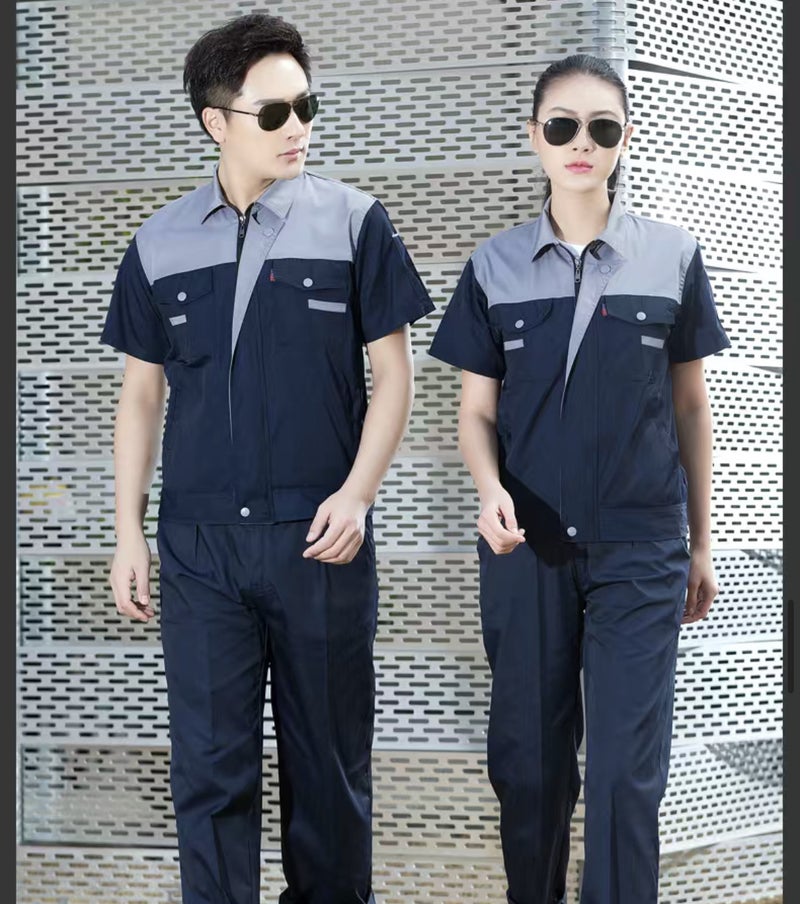 Spring and Autumn single top overalls mens wear-resistant welding auto repair labor protective clothing factory workshop engineering long sleeve color matching shoulder Top gray bottom hidden blue short-sleeve single top 
