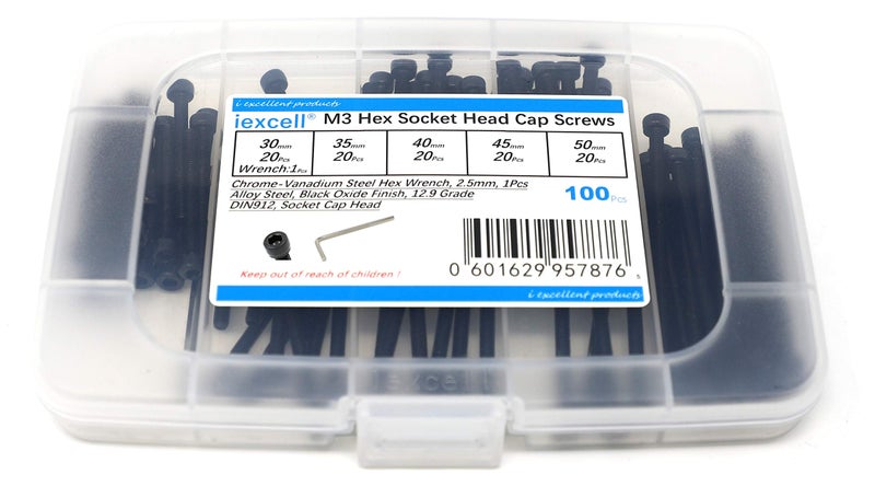 Iexcell 100 Pcs M3 X 30/35/40/45/50 Alloy Steel 12.9 Grade Hex Socket Head Cap Screws Bolts Assortment Kit Black Oxide Finish - Image 1