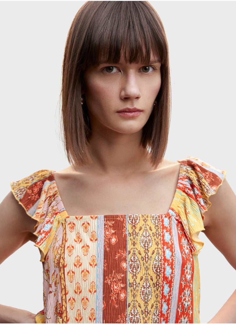 MANGO - Ruffle Sleeve Printed Crop Top - Image 1
