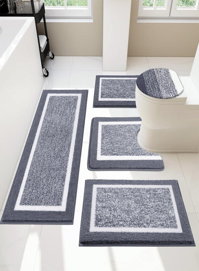 Pauwer Bathroom Rugs Sets 5 Piece, Plush Absorbent Microfiber Bath Mats for Bathroom, Non Slip Washable Bath Rugs Runner with U Shaped Contour Toilet Rugs, Shower Rug and Toilet Lid Cover, Dark Grey - Image 1
