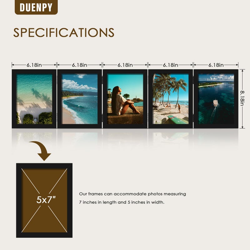 DUENPY 5 Folding 5x7 Picture Frame Horizontal Engineered Wood Accordion Photo Frame with Plexiglass Tabletop Bookshelf Display Black - Image 2