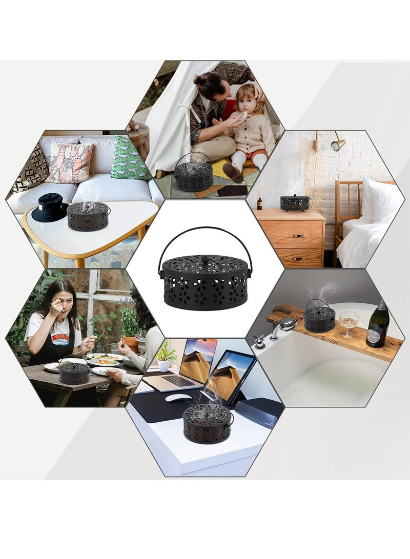 Oasisgalore Retro Portable Iron Mosquito Coil Holder with Handle Round Fireproof Incense Holder for Home Office Camping (Black) - Image 5