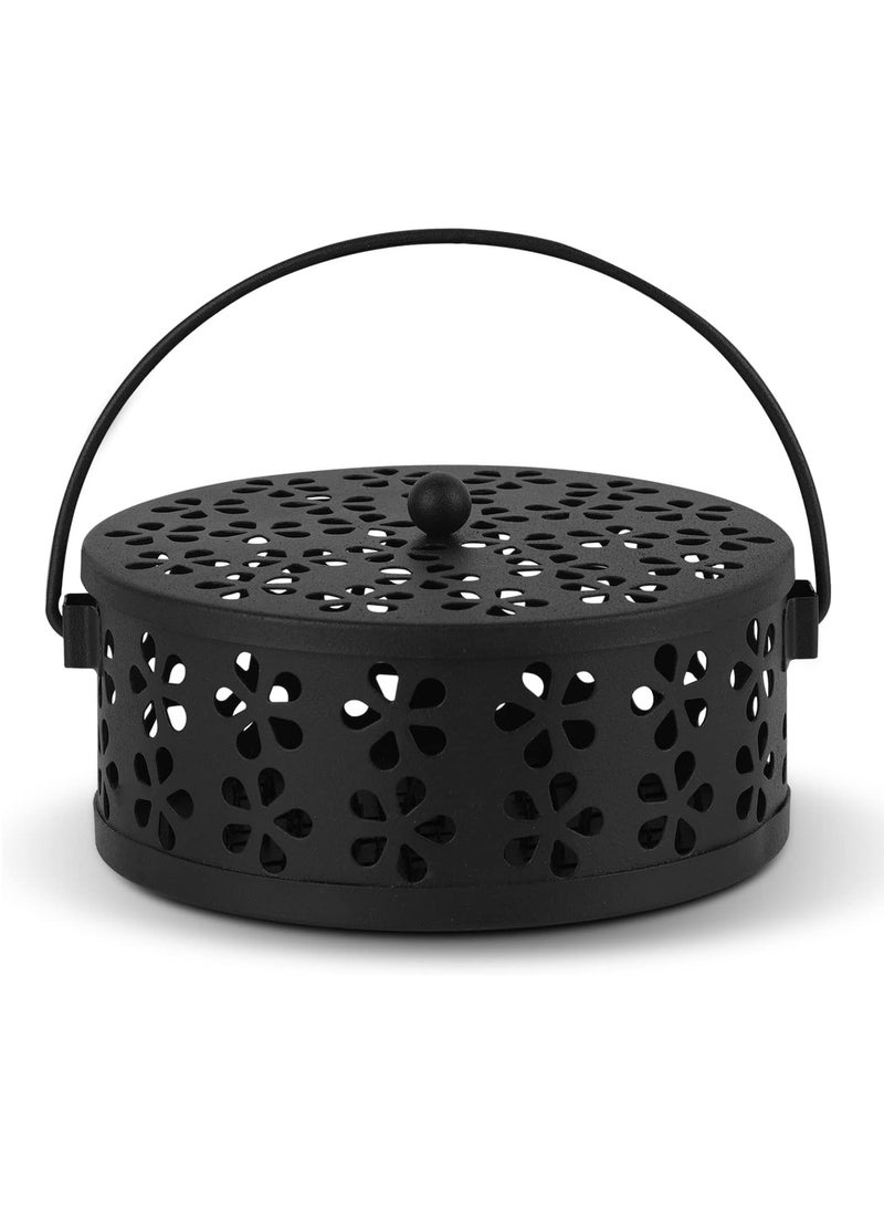 Oasisgalore Retro Portable Iron Mosquito Coil Holder with Handle Round Fireproof Incense Holder for Home Office Camping (Black) - Image 1