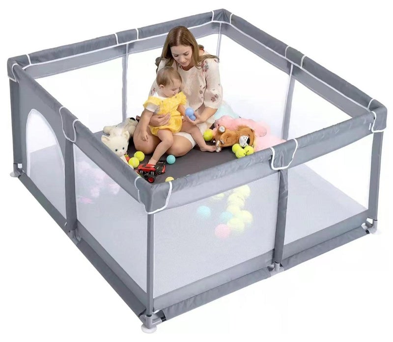 UREVO Baby Playpen 120x120cm Extra Large Playpen for Babies Kids Safe Play Center for Babies with Breathable Mesh and Zipper Door and Toddlers Gives Mommy a Break Grey - Image 1