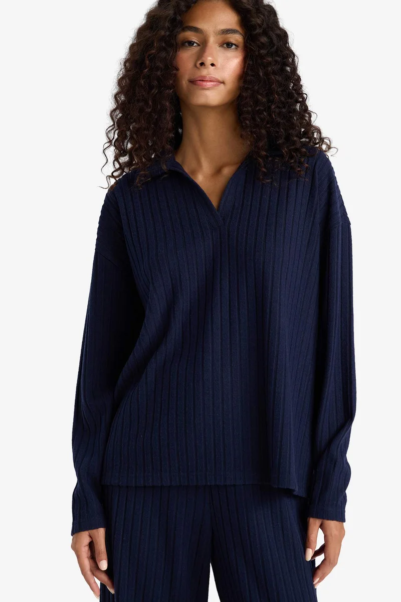 DeFacto Relax Fit Polo Collar Camisole Long Sleeve T-Shirt