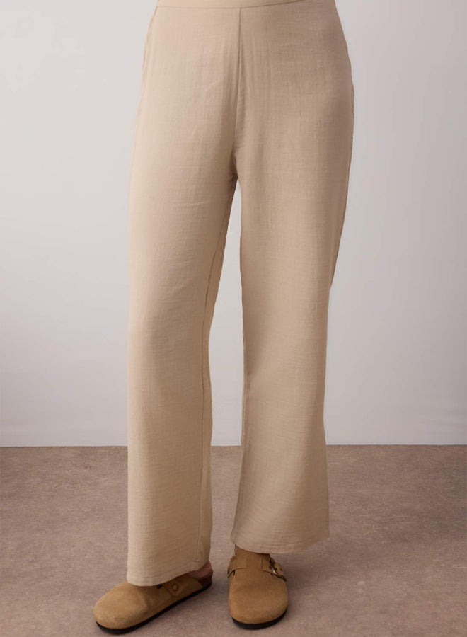 trendyol Beige 100% Cotton Lacing Detailed Double Breasted Collar Muslin Woven Pajama Set - Image 3