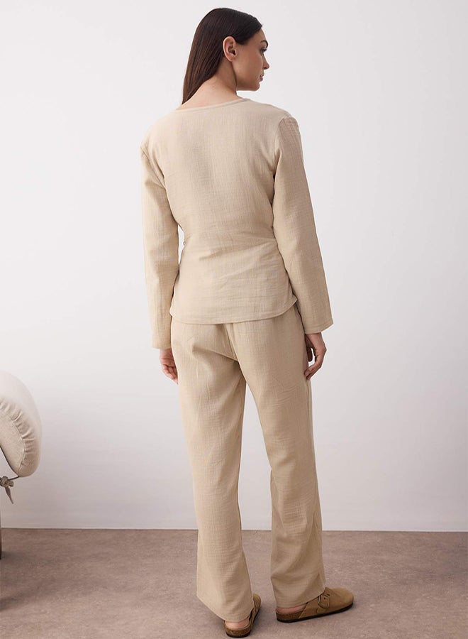 trendyol Beige 100% Cotton Lacing Detailed Double Breasted Collar Muslin Woven Pajama Set - Image 4