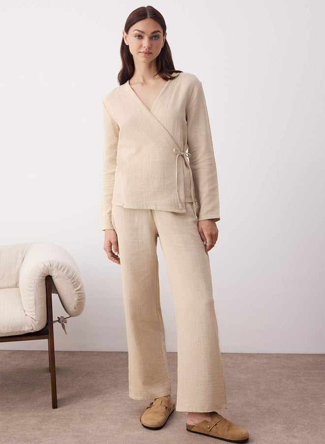 trendyol Beige 100% Cotton Lacing Detailed Double Breasted Collar Muslin Woven Pajama Set - Image 2